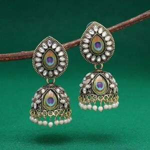 Gold Color Peacock Feather Leaf Oxidised Earrings